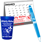 promotional cups, mugs, calendars, and pens